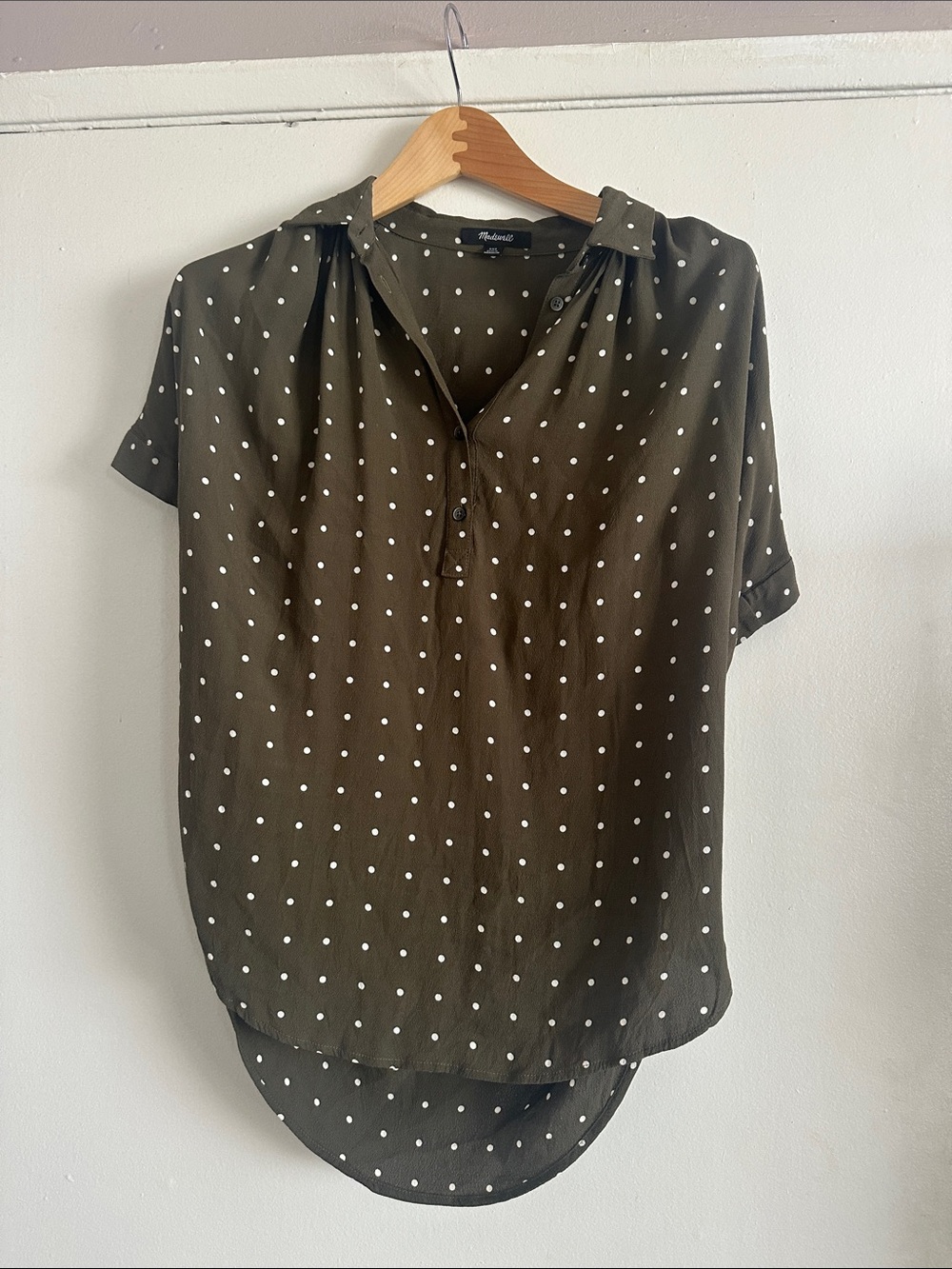 Madewell Olive Green Polka Dot Short Sleeve Button-Down